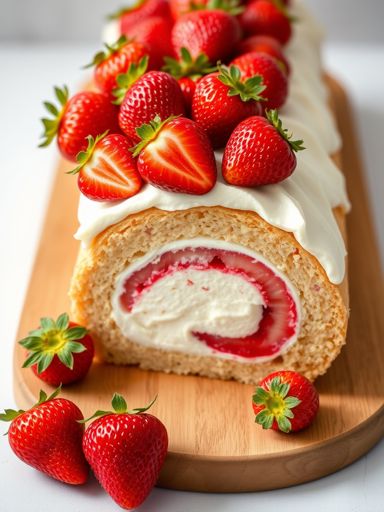 Create an image of a strawberry cream roll cake with a fluffy white frosting topped with fresh strawberries on a wooden board. The cake should have a visible swirl of strawberry filling inside, and there should be a few whole strawberries placed next to the cake. The background should be soft and light to highlight the cake.