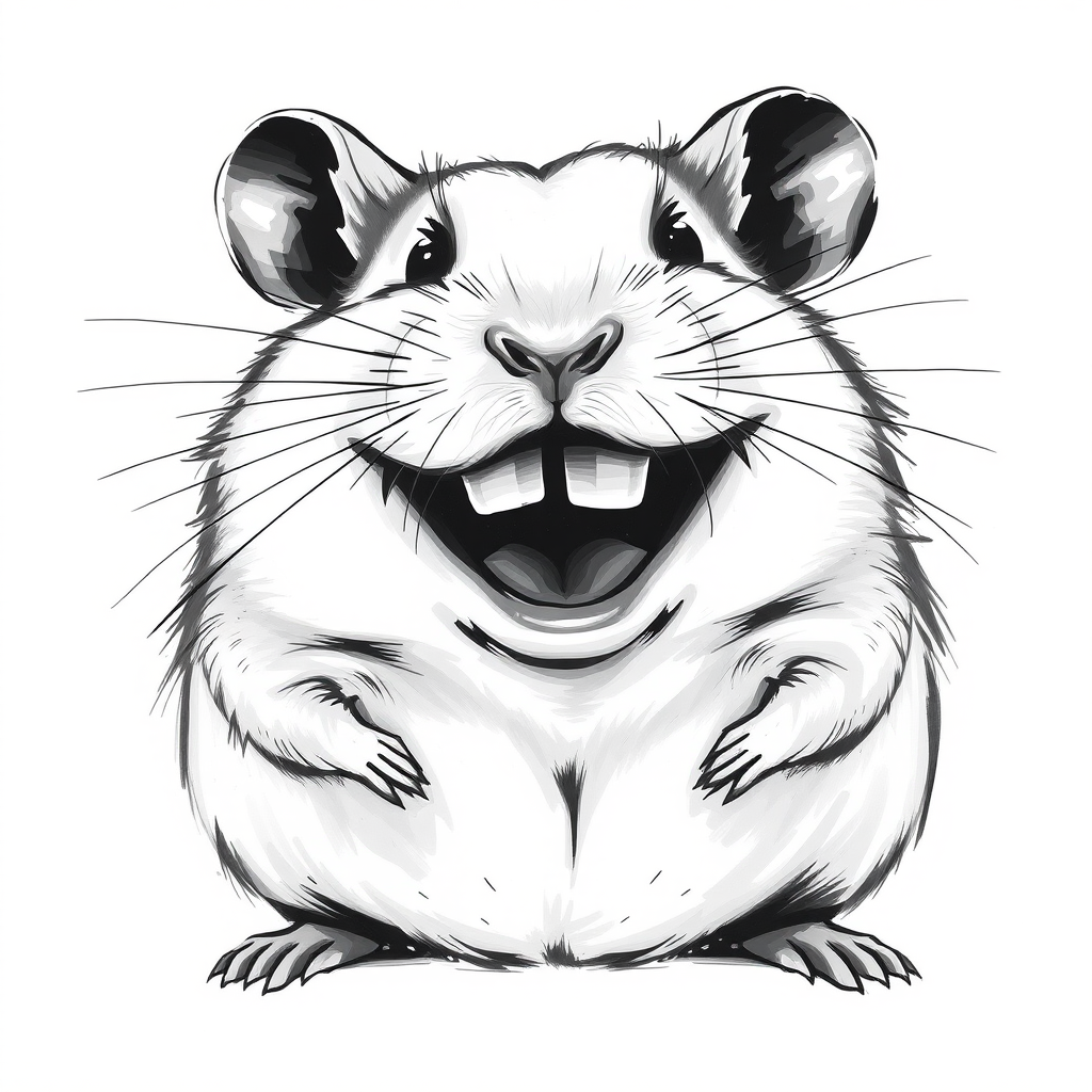 Abstract black and white acrylic portrait of an over exaggerated laughing (hamster). Minimalism style. White background.