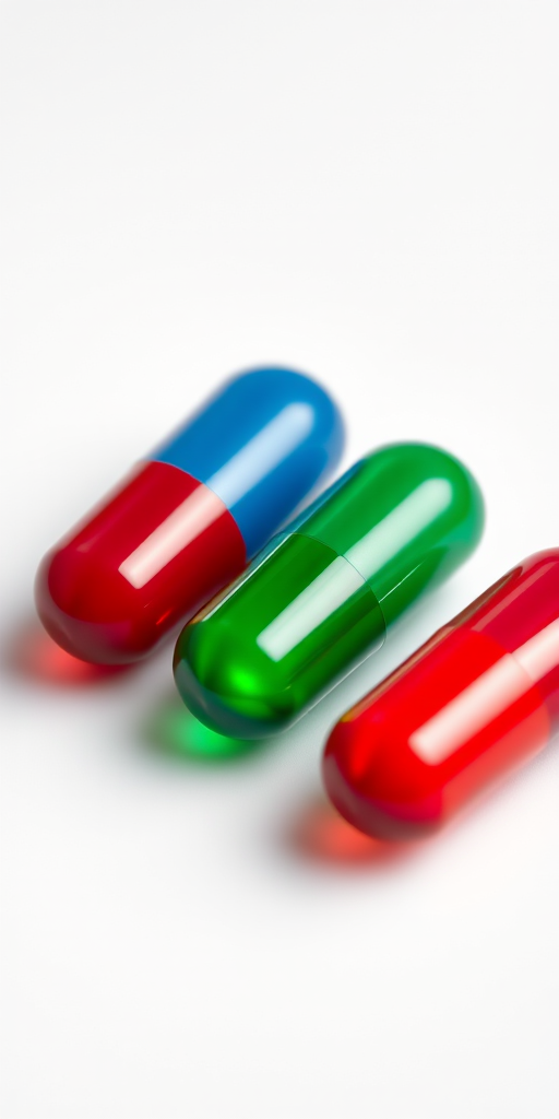 three capsules in red, blue, and green colors on a white background, shot with a Canon EOS R5, 50mm f/1.2 lens, aperture f/2.8, ISO 100, natural lighting, shallow depth of field, high-resolution macro photography