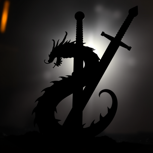 Generate a high-resolution image of a stylized black silhouette of a dragon coiled around a sword with a dynamic pose, captured with a Canon EOS R5, 50mm lens, f/1.8 aperture, ISO 200, 1/500 sec shutter speed, in a dramatic low-angle view with a soft-focus background for depth.