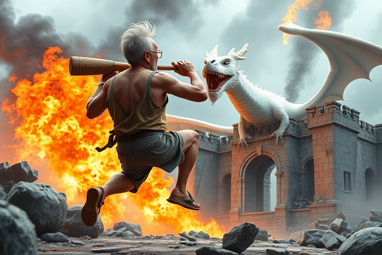 Cartoon 3D High-Resolution,dynamic battle scene using Unreal Engine 5 and Octane Render. The scene features back of an elderly, thai man with a beard,messy hair and round golden-rimmed glasses. He is wearing a tattered tank top with soot marks, shorts, and sandals. sweating. he wields a baseball bat. He jump to fight with a white fire-breathing Europe dragon amidst a partially destroyed stone castle. Include intense flames, smoke, and debris to enhance the dramatic effect.