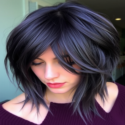 Mysterious deep purple hair with smoky gray undertones, styled by Violet Shadow, showcasing a textured lob cut with choppy layers and subtle silver metallic accents