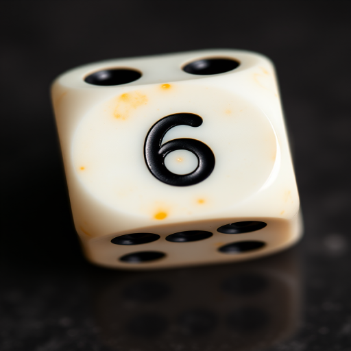 Create an ultra-high-definition image of a standard die showing the number six, using a macro lens with a shallow depth of field, ISO 100, aperture f/2.8, and a slight top-down perspective for enhanced detail and clarity.