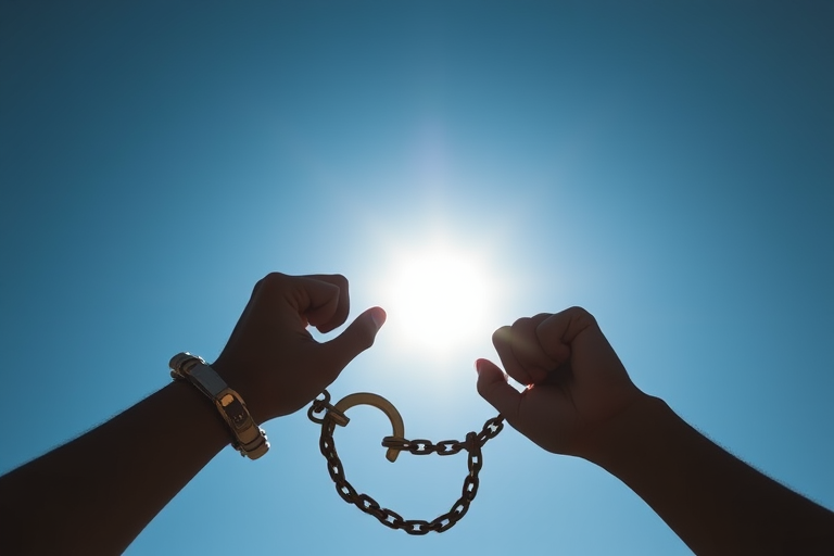 create a silhouette of two hands breaking free from handcuffs against a bright sun in a blue sky, shot with a DSLR camera at f/8 aperture, 1/2000 sec shutter speed, ISO 100, wide angle view to capture the drama of liberation