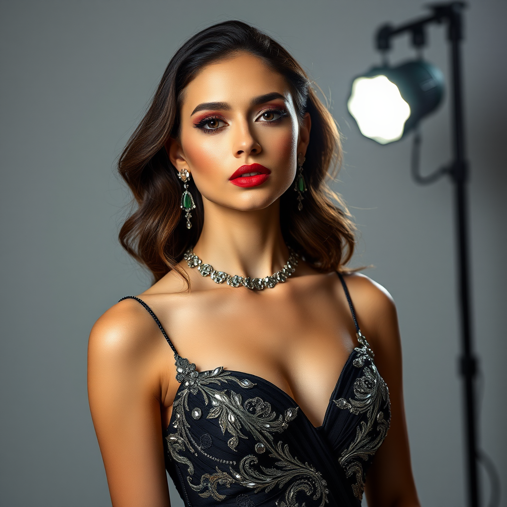 Studio portrait, female model, elegant couture dress, bold makeup, dramatic lighting, Shoot over the shoulder using a telephoto lens to focus on small details like jewelry, makeup, or fabric textures