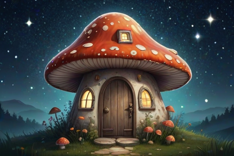 create illustration of a mushroom house with a door and a window, a storybook , fantasy art, mushroom house, bg starry sky, sparkles
