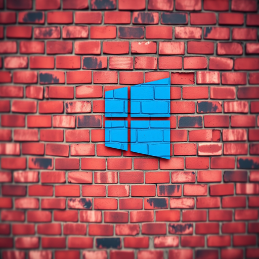 Generate an image of a vibrant red brick wall featuring the Windows 10 logo in blue, captured with a DSLR camera using a 50mm lens, aperture f/2.8, ISO 100, and a slight tilt-shift effect for depth.