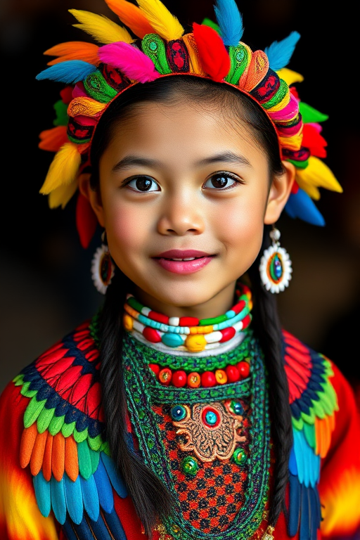 A beautiful Quechua girl, wearing colorful bird clothing with vibrant colors