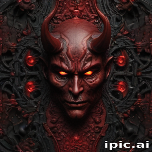 Intricate Demon Face with Glowing Eyes Set Against Dark Background