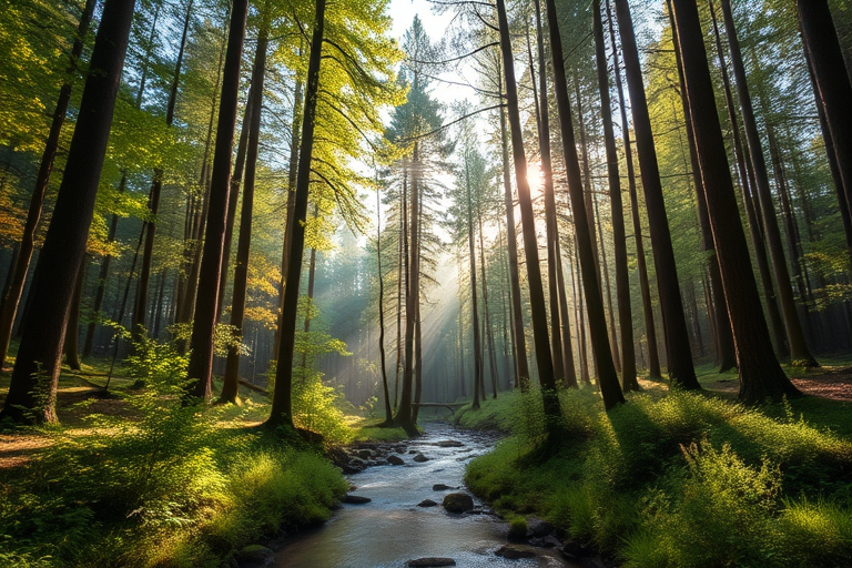Create an image of a tranquil forest scene with tall trees, soft sunlight filtering through leaves, a gentle stream flowing in the foreground, captured with a DSLR camera at f/2.8, ISO 200, 50mm lens, in natural light, using a wide-angle view for depth.