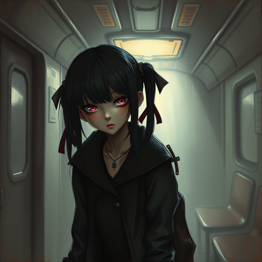 Darkness, horror, creepy, Impressionist Anime painting, metro 2033, disease, mine - type, mass - produced type, cross, slanted eyes, thick coating, twintails, ribbon, black hair, pink eyes, on metro station interior, horror movie atmosphere, dramatic light atmosphere, by Malcolm Liepke, Casey Baugh, jujin ito, and Nick Alm