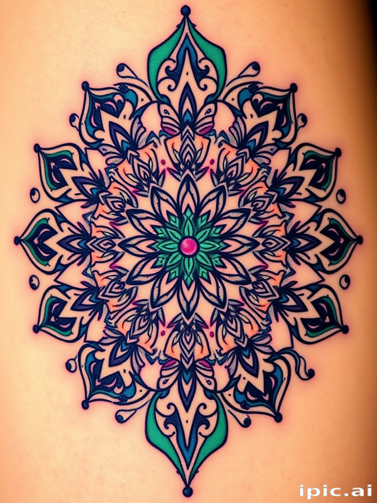 Ornate mandala tattoo bursting with intricate patterns and symmetrical designs, incorporating delicate dotwork shading and vibrant jewel tones of sapphire, emerald, and amethyst for a mesmerizing effect
