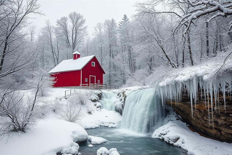 A serene winter landscape featuring a red barn surrounded by snow-covered trees and icicles hanging from a frozen waterfall, captured with a Canon EOS R5 at f/8, 24mm, ISO 100, using a wide-angle lens for a dramatic perspective in soft, diffused lighting.