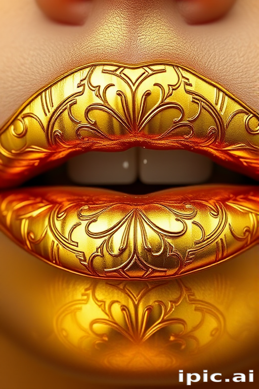 Glamorous metallic gold lips with a high-shine finish, featuring intricate Art Deco-inspired patterns etched into the surface for added texture and dimension