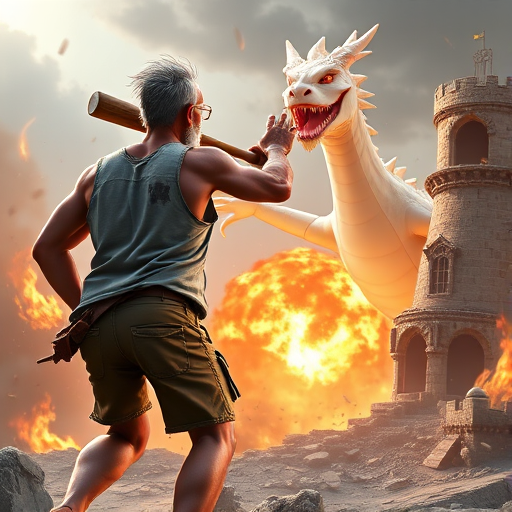 Cartoon 3D High-Resolution,dynamic battle scene using Unreal Engine 5 and Octane Render. The scene features back of an elderly, thai man with a beard,messy hair and round golden-rimmed glasses. He is wearing a tattered tank top with soot marks, shorts, and sandals. sweating. he wields a baseball bat. He jump to fight with a white fire-breathing Europe dragon amidst a partially destroyed stone castle. Include intense flames, smoke, and debris to enhance the dramatic effect.