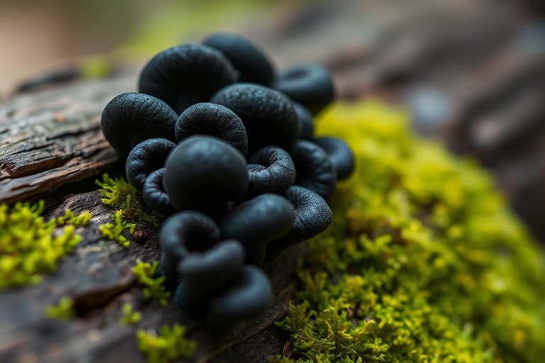 Close-up photograph of black fungi on a log with moss, shallow depth of field, natural light, f/2.8, 1/125s, ISO 200, 50mm macro lens, DSLR camera.