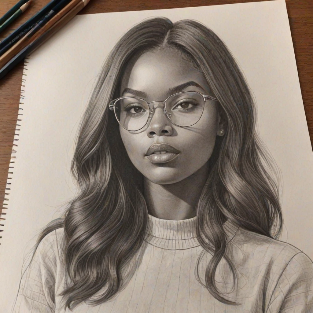 Fascinating Ryan Destiny, pencil sketch, portrait of Radiant woman 1969s in glasses, hair style beatnik, outline, clear lines, fine lines, 8k