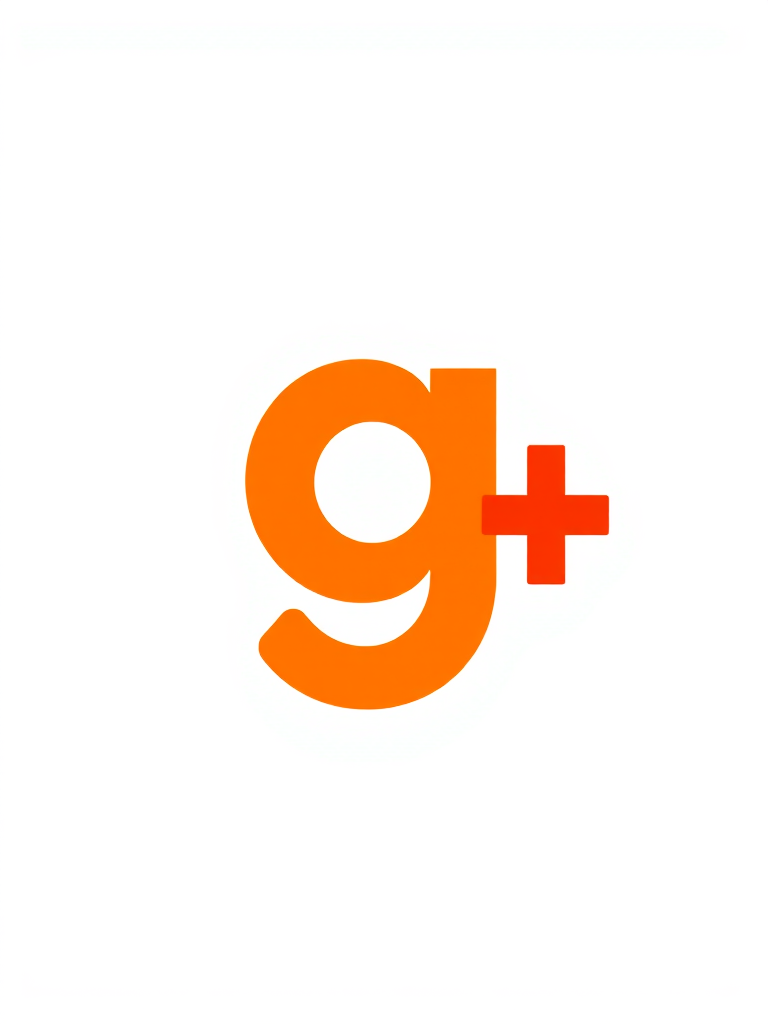 Create a vibrant logo design with a bold lowercase "g" and a plus sign, using a clean and modern style, shot with a DSLR camera at f/2.8 for a shallow depth of field, ISO 100, and natural lighting for clarity, capturing it from a straight-on view to emphasize the logo's details.