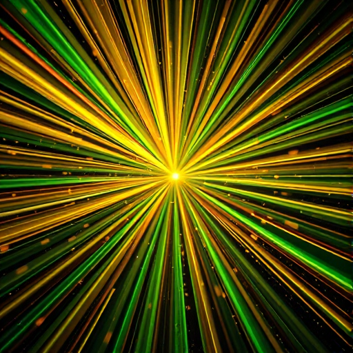 Create a vibrant explosion of golden and green rays emanating from a central point against a black background, shot with a DSLR camera at f/8 aperture, 1/125 sec shutter speed, ISO 100, using a wide-angle lens to capture the full extent of the radiating effect.
