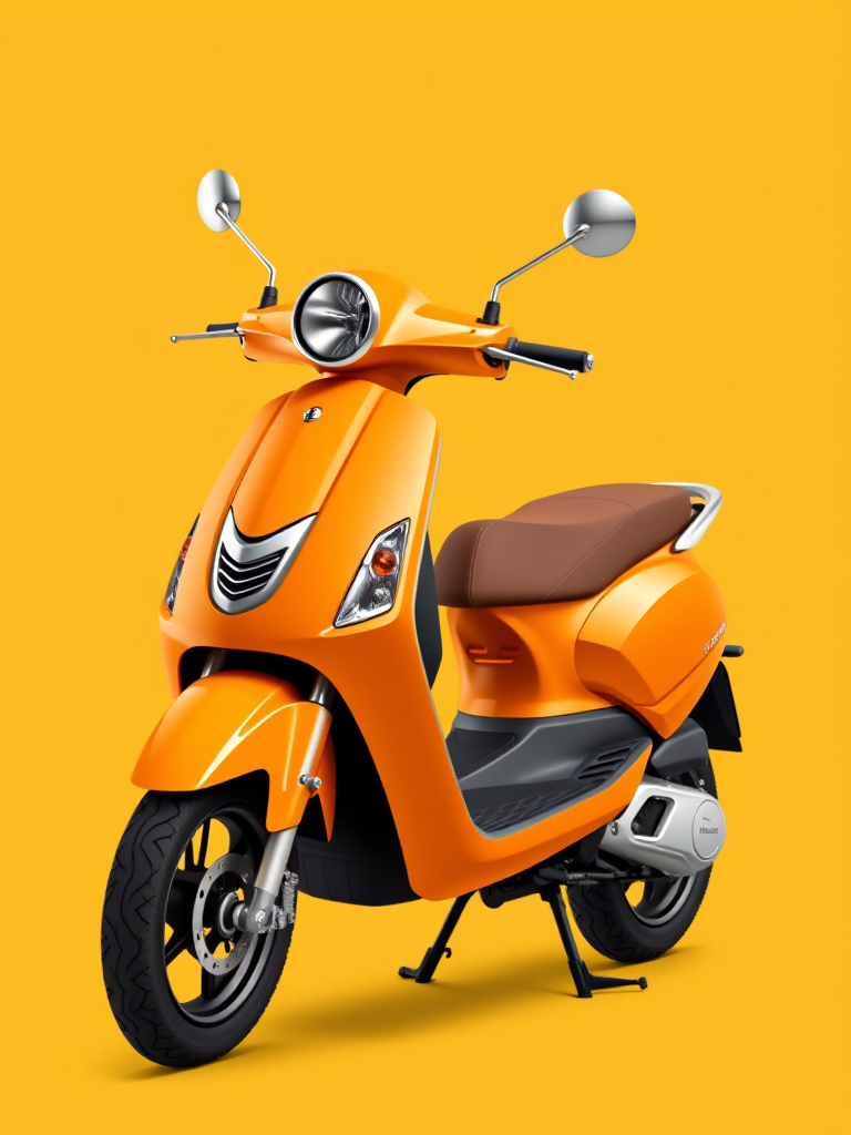 create a high-quality vector illustration of a modern orange scooter on a plain yellow background, using a Canon EOS R5 with a 50mm f/1.2 lens, shooting at f/2.8, ISO 100, and a shutter speed of 1/200s, employing a clean, minimalistic style with soft shadows and vibrant colors.