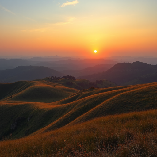 Create a high-resolution image of a scenic landscape featuring rolling hills and a sunset, captured with a Canon EOS R5, 50mm lens, at f/1.8 aperture, ISO 200, and a shutter speed of 1/250s, employing a wide-angle view for enhanced depth and clarity.