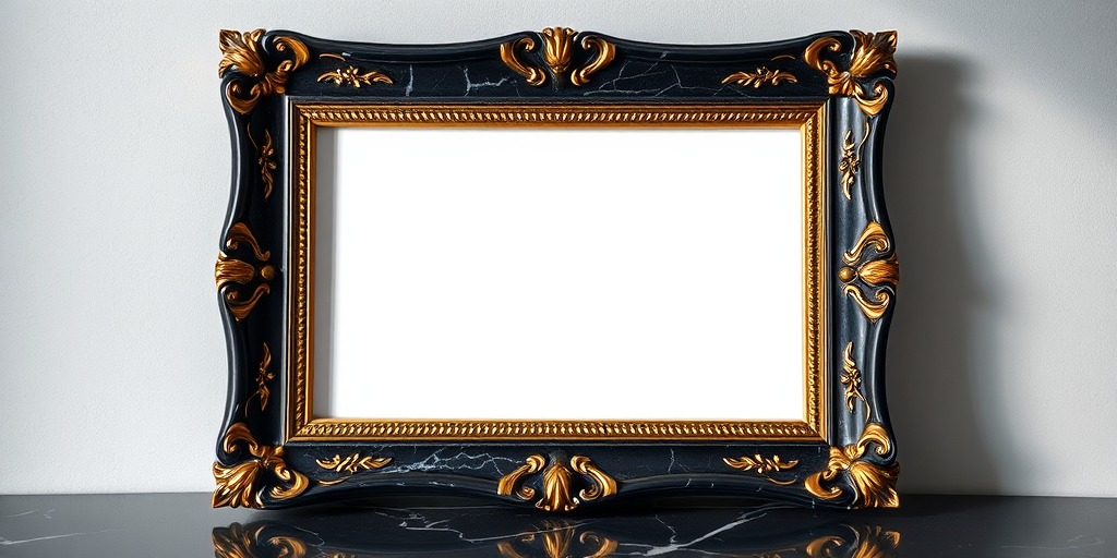 Regenerate an elegant black marble picture frame with ornate gold detailing, captured with a Canon EOS R5, 50mm f/1.2 lens, aperture set to f/2.8, ISO 100, natural lighting, and a soft focus background for enhanced depth.