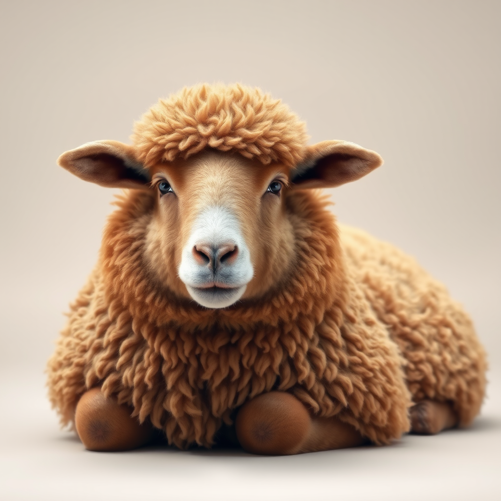 Generate an image of a relaxed sheep with a thick, fluffy brown coat, lying down against a neutral background. The sheep should have a calm expression, with its ears perked up slightly, capturing a peaceful and cozy atmosphere.