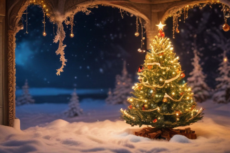 A Magical Winter Scene Featuring a Beautifully Decorated Christmas Tree