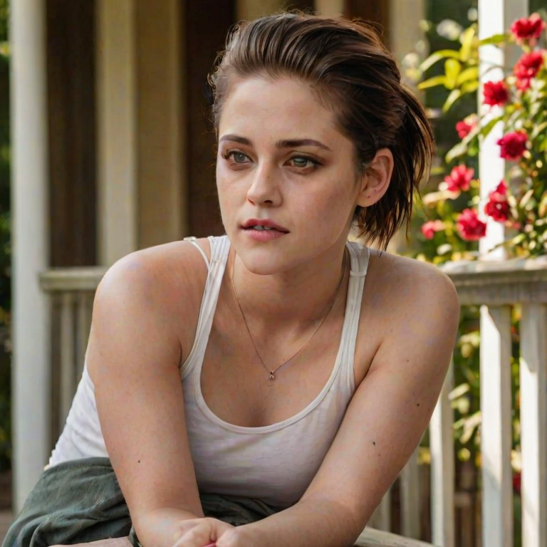 A photo of Kristen Stewart with a background of a cozy porch. She has dark hair pulled back in an updo, with tendrils framing her face. She wears a white tank top and sits on the porch. The porch is part of a well-lit home with a warm, earthy tone and colorful flowers and foliage. The overall scene has a warm, welcoming, and comfortable ambiance.