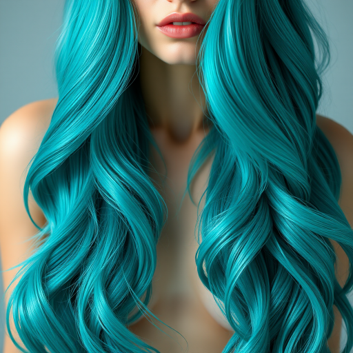 Vibrant teal mermaid waves cascade down her shoulders, shimmering with iridescent highlights, creating a mesmerizing oceanic effect that captivates onlookers with its ethereal beauty and depth.