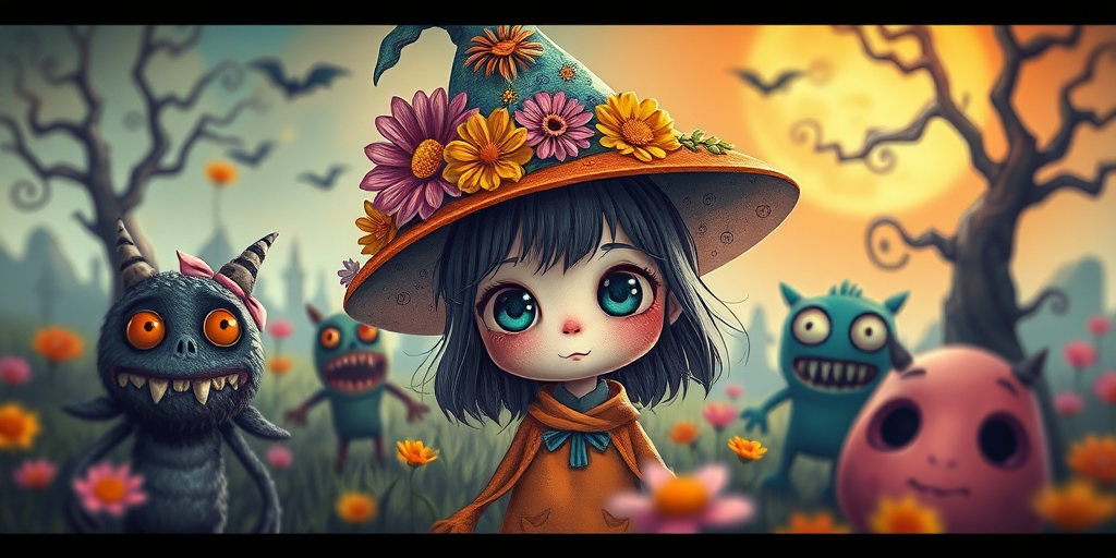 Create a whimsical illustration of a girl with oversized eyes wearing a colorful hat adorned with flowers, surrounded by quirky monsters, set in a spooky yet vibrant landscape, captured with a DSLR camera, aperture f/8, ISO 100, 24mm lens, in high resolution with a soft focus background to enhance the main subjects.