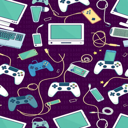 Create a seamless pattern design featuring gaming consoles, computers, smartphones, game controllers, and cables on a dark purple background with binary code, captured with a DSLR camera at f/8 aperture, 50mm lens, high saturation, and sharp focus.