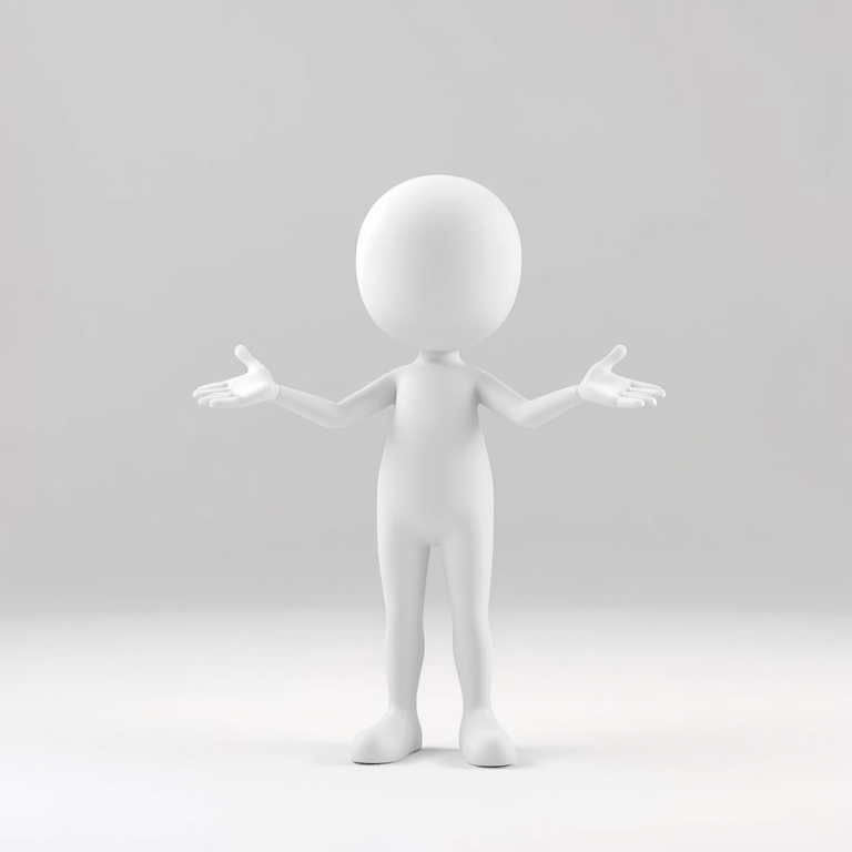 Generate a 3D character model of a stylized, simplistic humanoid figure with a smooth white finish, arms outstretched in a welcoming pose, captured in a clean studio setting with soft diffused lighting, using a DSLR camera with an aperture of f/2.8, focal length of 50mm, ISO 200, and a slight vignette effect for enhanced depth.
