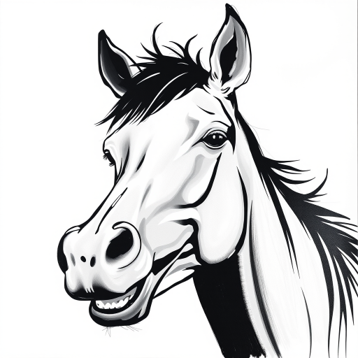 Abstract black and white acrylic portrait of an over exaggerated laughing (horse). Minimalism style. White background.