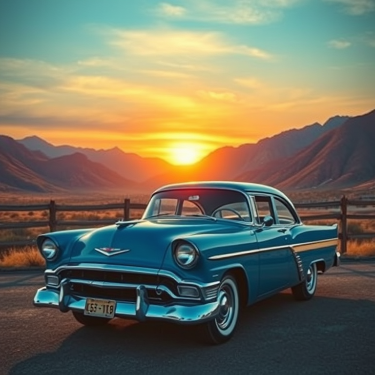 Create a vibrant, surreal landscape featuring a classic blue car against a backdrop of colorful mountains and a setting sun, use a DSLR camera, with a 24mm lens, f/2.8 aperture, ISO 100, wide-angle view, and vibrant color saturation for enhanced image quality.