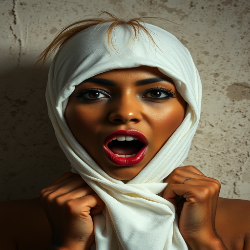 Create a close-up photographic image of a Indo-Caribbean woman with light skin tones shown against an old, worn wall. Their head is wrapped in a white cloth covering (i.e.... parts of the head except the nose and mouth, which are open as if they are screaming...), with a slight texture and visible folds in the fabric. Thin strands of blonde hair escape from the wrapping above, falling lightly at the top and sides. Their hands hold the fabric as if they are tugging nervously. The lighting is dramatic and even, casting strong shadows. The image has a minimalist and surreal style with an emphasis on simplicity with soft color tones. The composition is centered.