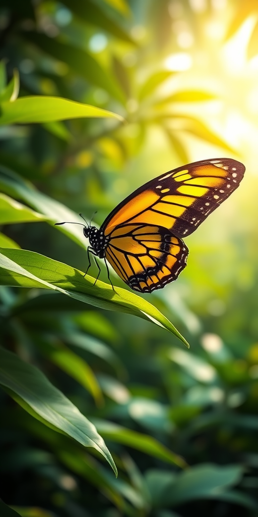 Generate an image of a butterfly perched on a green leaf in a lush, vibrant jungle setting. The butterfly should have striking yellow and black patterns on its wings, with soft sunlight filtering through the foliage in the background, creating a serene and tranquil atmosphere.