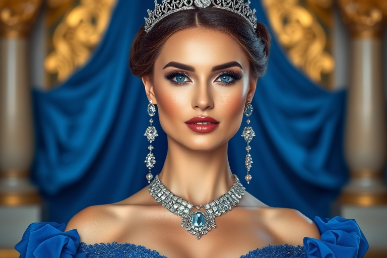 A gorgeous woman in a luxurious blue gown, accessorized with a dazzling tiara and statement earrings, her deep blue eyes highlighted by impeccable makeup, poised in a royal setting, photorealistic, 8K quality