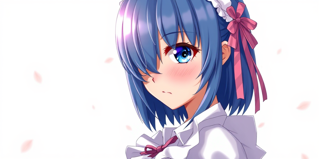 i want the whole image to be created in 3D anime style, 1girl, solo, breasts, looking at viewer, blush, short hair, bangs, blue eyes, hair ornament, dress, ribbon, medium breasts, blue hair, hair ribbon, upper body, flower, short sleeves, hairband, frills, parted lips, hair flower, hair over one eye, from side, lips, maid, maid headdress, petals, x hair ornament, pink ribbon, realistic, nose, rem (re:zero)