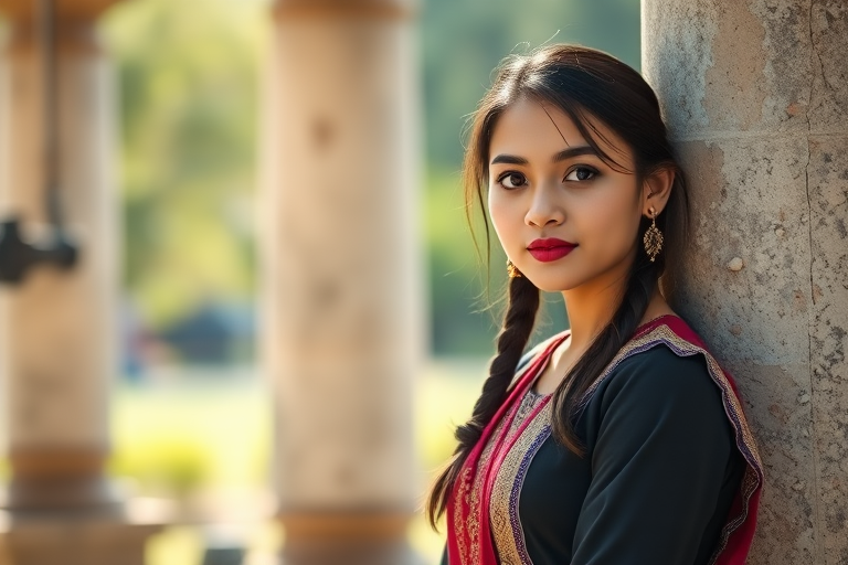 portrait of a young woman in traditional dress standing by an old stone pillar in soft natural light, 50mm lens, f/1.8, ISO 200, 1/125s, shallow depth of field, DSLR, outdoor setting, soft focus background