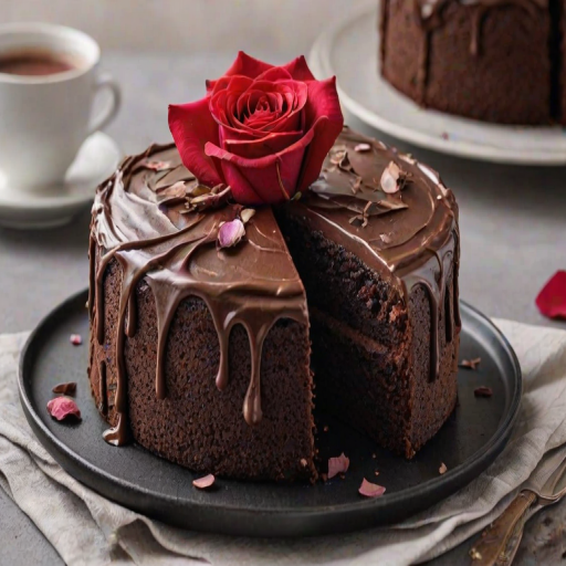 Create an image of a rich chocolate cake with smooth chocolate frosting. The cake should be round with a slice cut out to reveal its dark, moist interior. Place the cake on a simple black plate, and include a few scattered rose petals around it for a touch of elegance. In the background, add a small plate with a piece of the cake and a soft, neutral backdrop.