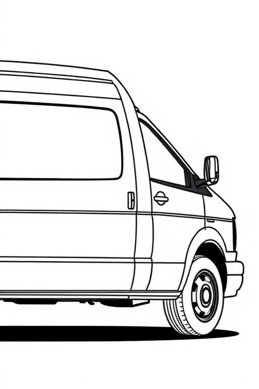 Create a high-resolution illustration of a side view of a van with detailed line art, using a DSLR camera with a 50mm lens, aperture set to f/1.8, ISO 100, and a slight vignette effect to enhance image quality.