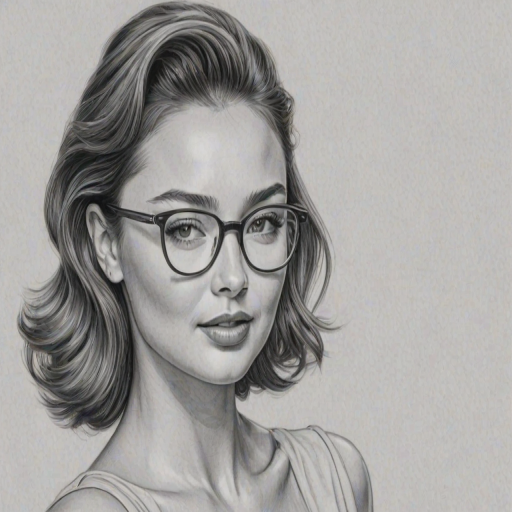 Sublime Miranda Kerr, pencil sketch, portrait of Lovely woman 1942s in glasses, hair style beatnik, outline, clear lines, fine lines, 8k