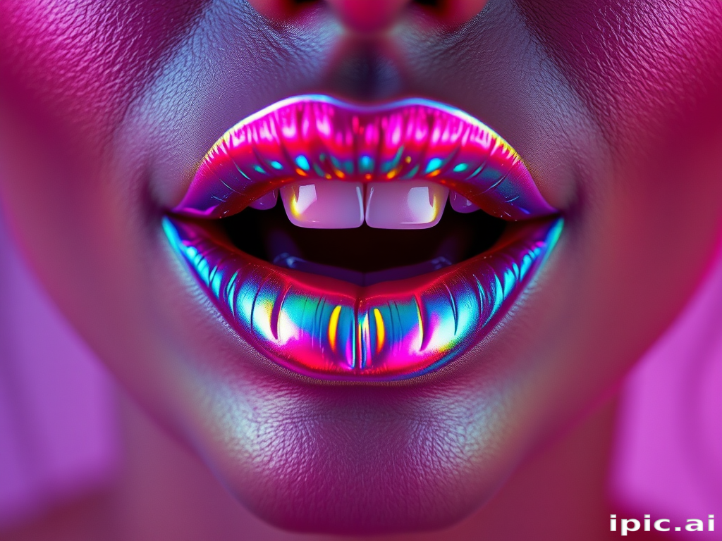 Holographic lips with iridescent rainbow hues, shifting colors as the light changes, creating a mesmerizing and futuristic appearance for a sci-fi inspired photoshoot