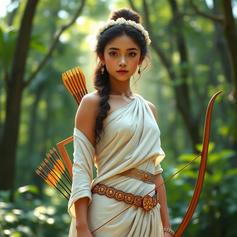 Create a portrait of a goddess-like Pacific Islander girl figure in a tranquil, forested environment. She has an elegant appearance with long, wavy hair styled in an updo and adorned with a delicate, floral headband. She wears a flowing, ancient Greek-inspired gown in a soft, pale color, featuring a one-shoulder design and draped fabric that accentuates her graceful form. The outfit includes a decorative belt with ornate gold detailing, and she holds a bow in her hand, with a quiver of arrows slung over her shoulder. The background depicts lush greenery, with sunlight filtering through the trees, casting a gentle, ethereal light on the scene. Her expression is calm and contemplative, embodying a sense of wisdom and serenity.