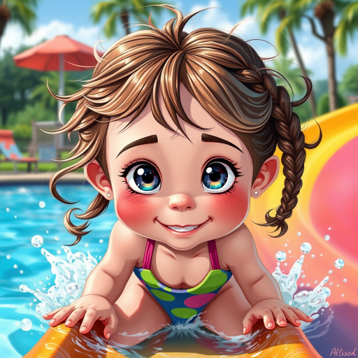 A sassy caricature toddler girl with medium highlighted hair in a messy braid, light eyes, fluffy long lashes, silly funny faces, wearing a colorful swimsuit, going down a waterslide face first, lots of water, created in highlighted chalk style, vibrant colors, background is a park with acrylic paint, airbrush