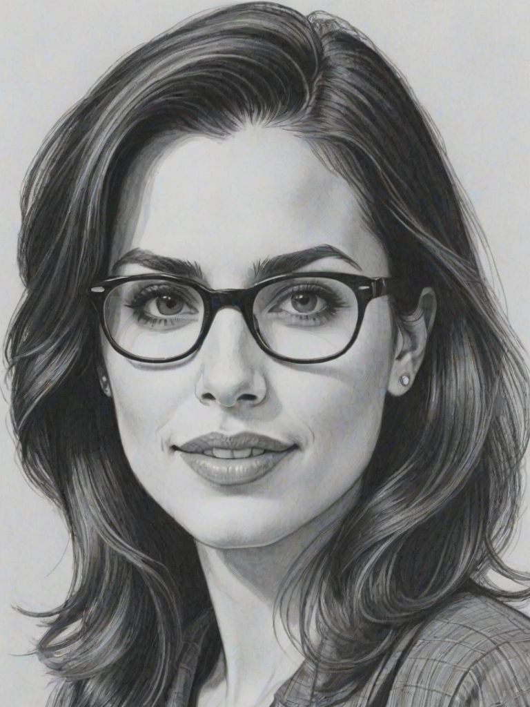 Splendid Carly Pope, pencil sketch, portrait of Magnificent woman 1945s in glasses, hair style beatnik, outline, clear lines, fine lines, 8k