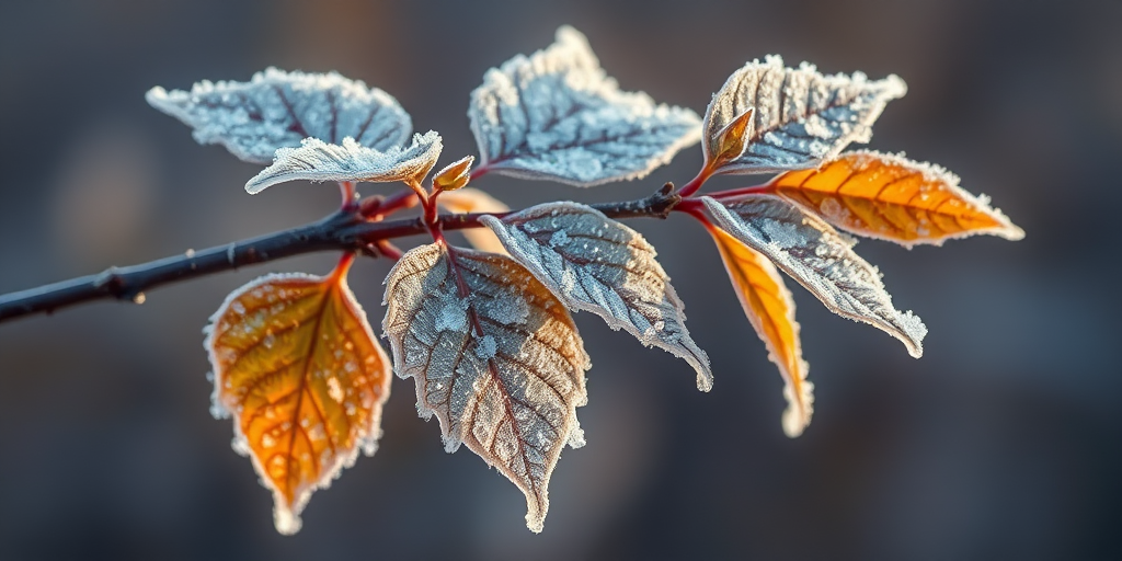 frosted leaves on a branch with intricate ice crystals in a soft-focus background, captured with a Canon EOS R5, 50mm lens, f/2.8, ISO 100, 1/200 sec, natural light, shallow depth of field