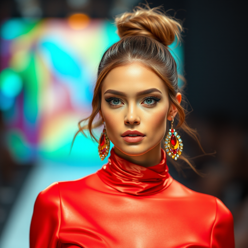Runway capture, a beautiful model, vibrant colors, metallic textures, high fashion editorial , a 100mm macro lens to get extreme close-ups of intricate details like fabric stitching, accessories, or makeup artistry