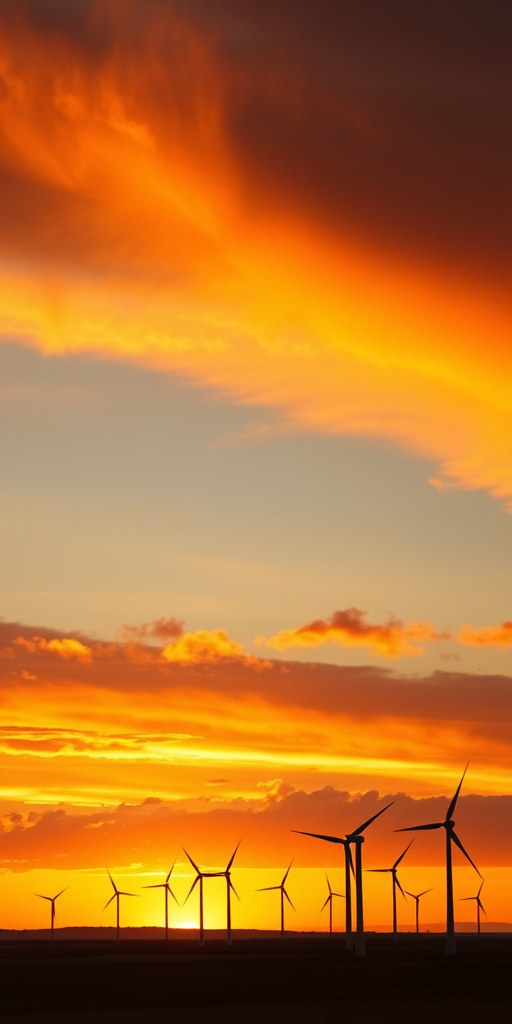 sunset over a landscape with wind turbines, vibrant orange and yellow hues in the sky, low-angle view, DSLR camera, f/8 aperture, ISO 100, 1/250 sec shutter speed, wide-angle lens